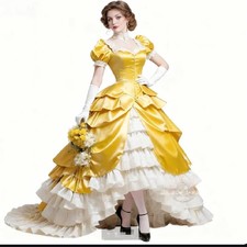 Aristocratic Victorian Yellow Evening Gowns Ruffles Tiered Roco Prom Dress 1870s