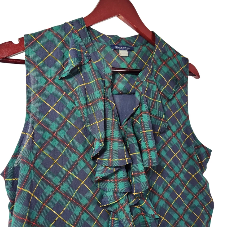 Blusa Tommy Hilfiger Mujer Tartán Cuadros Volantes Sin Mangas Fluida Vacaciones Mediana Foto 3 de 4