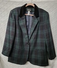 Sag Harbor 16 Womens Blazer Jacket Blue And Green Plaid With Black Collar