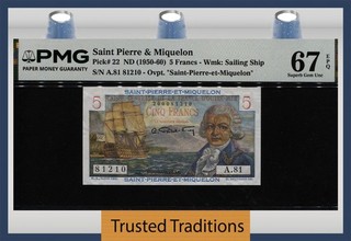 TT PK 22 ND (1950 60) SAINT PIERRE & MIQUELON 5 FRANCS PMG 67 EPQ SUPERB GEM UNC