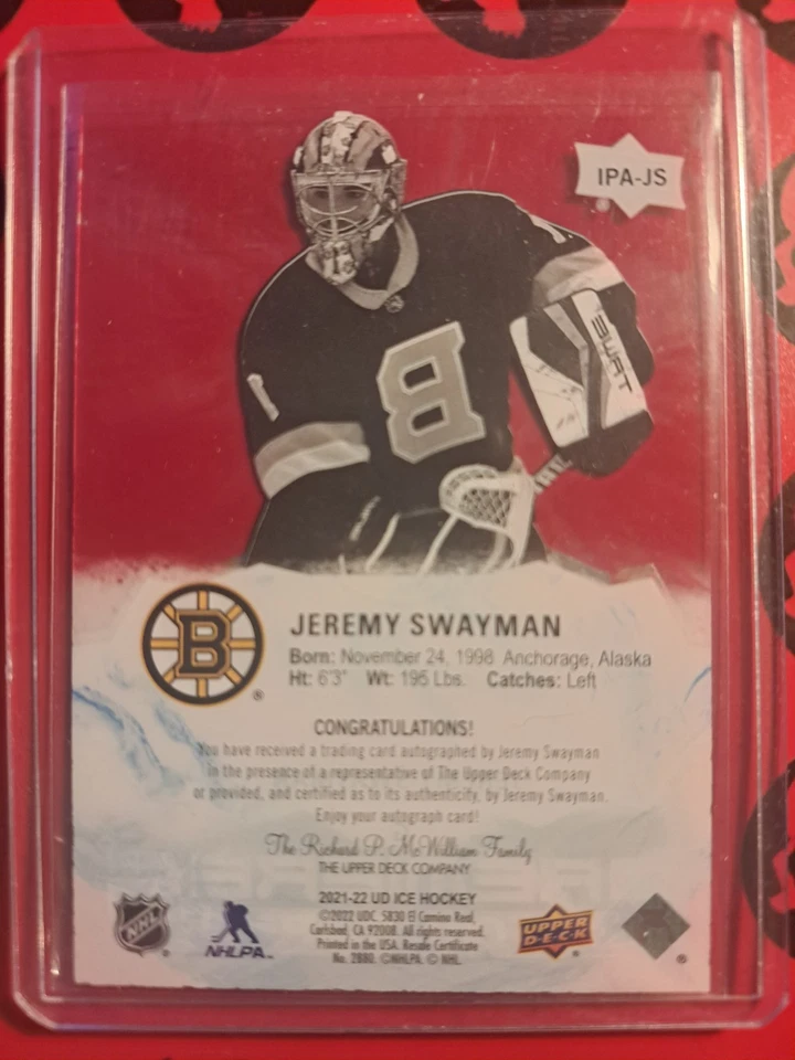 2021-22 Jeremy Swayman Ice Auto /99 Red Rookie #IPA-JS Boston Bruins RC UD - Image 2 of 2