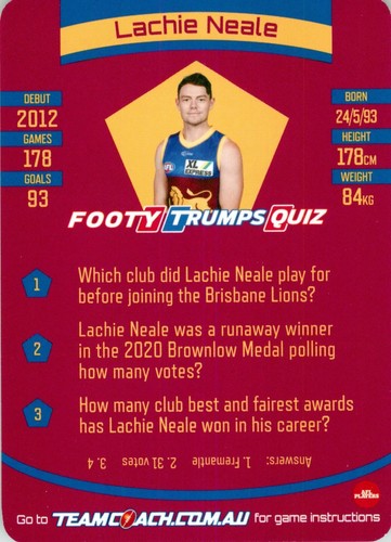 2021 BRISBANE LIONS AFL Card LACHIE NEALE Teamcoach - Picture 2 of 2