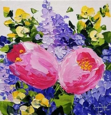 Bouquet of Lilacs and Tulips Painting Impasto Oil Painting Original Art 6x6"