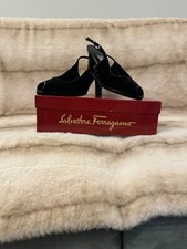 Salvatore Ferragamo Peep-Toe Heels Galan Black Suede Calf Patent-Size 9C