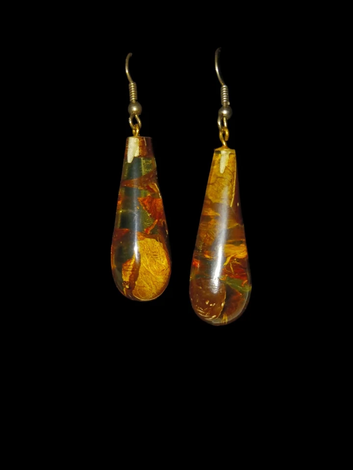 Elongated Amber Earrings Silvertone 2 Inch Drop With Floaters Read Full - Image 2 of 4