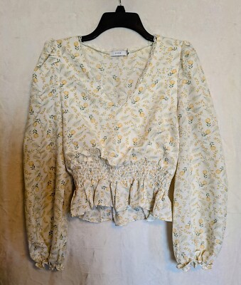 Lush-yellow/cream color floral long sleeve cropped blouse womans sz M