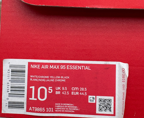 Nike Air Max 95 Essential AT9865 101 Black White Chrome Yellow Men's 10.5 - Picture 12 of 12