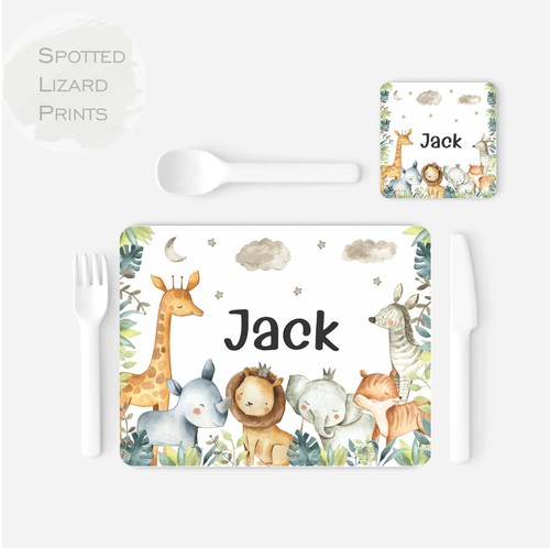 Personalisiertes Safari Tischset und Untersetzer Set, Kinder Geschirrset, Safari Geschenk, Chi - Bild 2 von 5