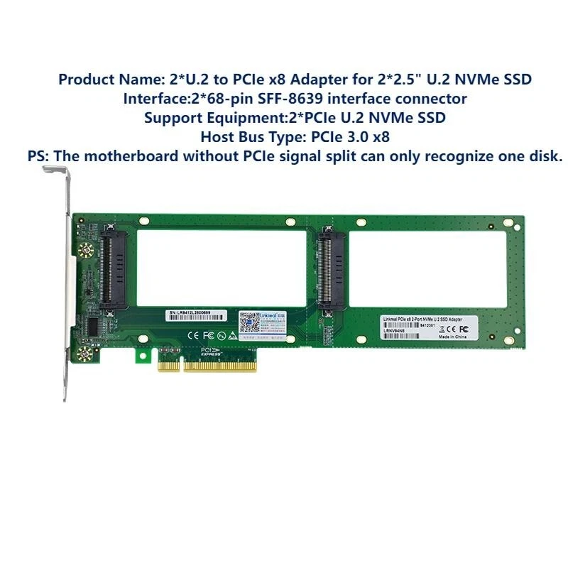 2X U.2 SFF-8639 SSD to PCI Express 3.0 Gen 3 X8 Card U.2 NVMe SSD Adapt - Image 2 of 4