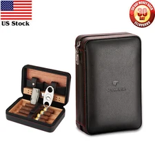Travel Leather Cigar Humidor Case Cutter 1 Jet Torch Lighter Set Gift Box Black