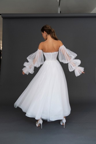 Wedding Dresses Long Sleeves Strapless Applique Lace Sequins Ball Gown Layered - Picture 4 of 13