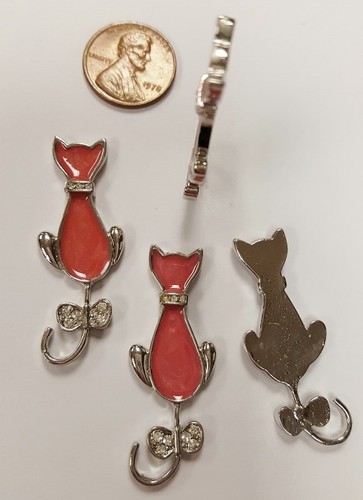 PINK ENAMEL CRYSTAL RHINESTONE SILVER CAT SILHOUETTE 42mm. CABOCHON FINDING R814 - Picture 2 of 3