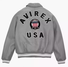 Men's Avirex Real Bomber American Flight Jacket Leather Sheep Jacket Gray Color