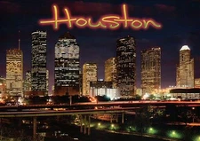 Downtown Houston Skyline District at Night, Texas, Roads, Lights, TX -- Postcard