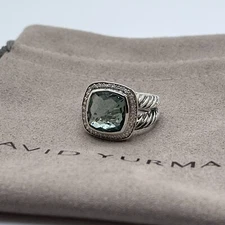 David Yurman Sterling Silver Albion Ring 11mm Prasiolite and Diamonds Size 8