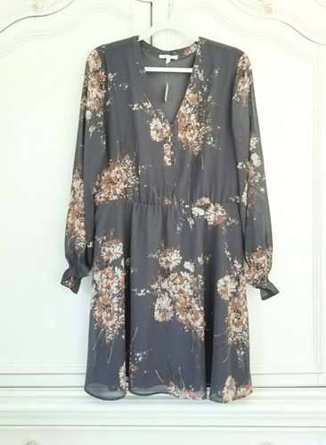 Maurices Gray Tan Floral Chiffon Long Sleeve Pullover Mini Dress Large NWT - Picture 2 of 6
