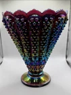 Vintage Fenton Iridescent Hobnail Purple Amethyst Carnival Glass 7” Fan Vase