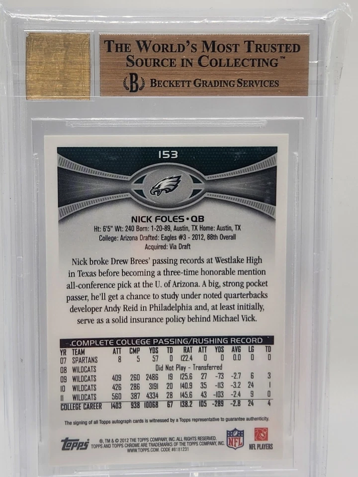 Topps Chrome Rookie Auto Nick Foles #153 2012 automático RC BGS 10/10 Foto 2 de 2