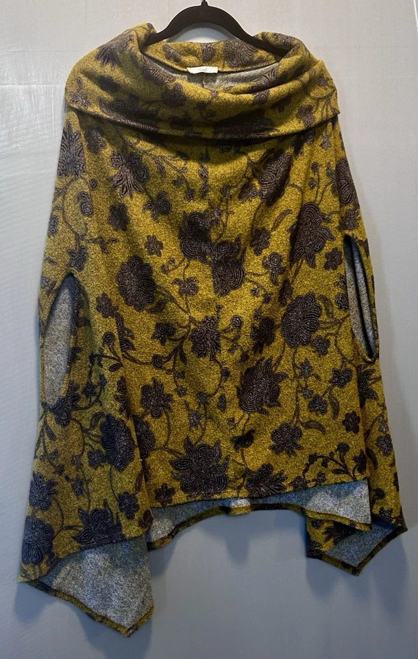 Caballete Marrón Mostaza Estampado Floral Tapiz Capucha Cuello Poncho Ecléctico Boho Hygge Foto 3 de 4