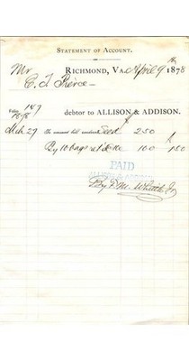 1878 Allison & Addison Richmond VA Seed Account Statement Pierce Agriculture
