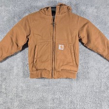 Carhartt Kids Brown Canvas Hooded Active Jacket Quilt Lined Work Coat XS 4/5