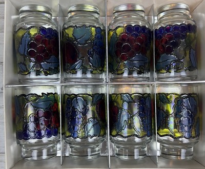 Vtg Libbey Hostess Glassware Lg 12 Oz Stained Glass Fruit Set of 8 Glasses NEW