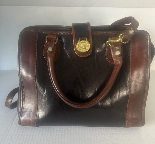 Vintage BRAHMIN Smooth Black Leather w/Brown Trim Handbag Crossbody Very Clean - Picture 1 of 13