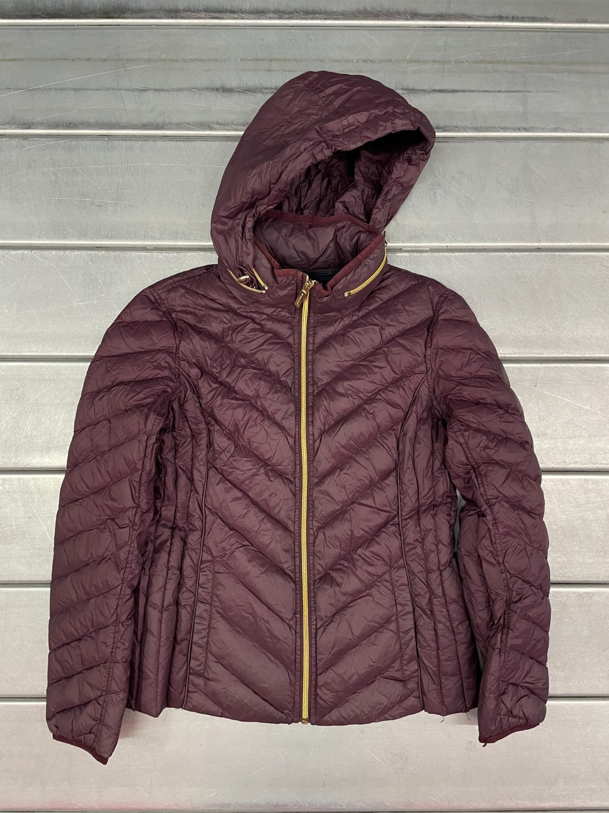 Michael Kors Packable Down Quilted Puffer Jacket Womens Medium Burgundy Hooded