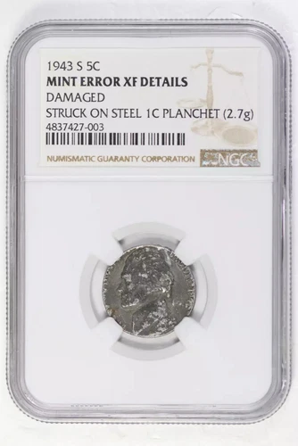 1943 S Nickel Jefferson NGC XF Details STRUCK ON STEEL CENT PLANCHET