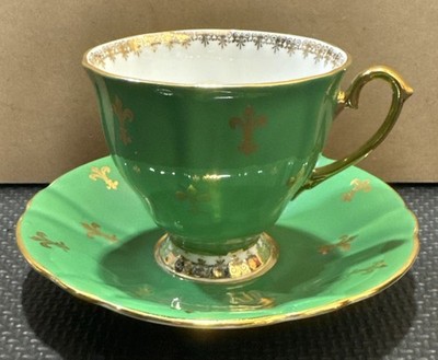Vintage Clarence Green with Gold Fluer De Lis | Gilded | Footed Cup and Saucer