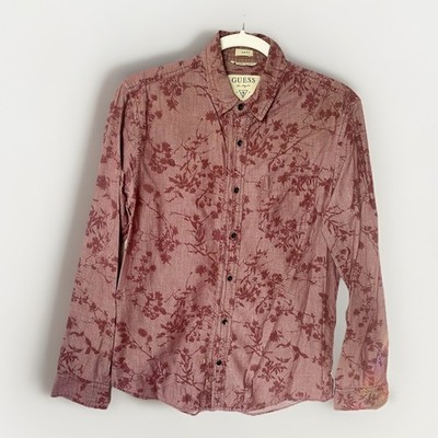 GUESS Men's S Slim Fit Red Pink Floral Button-Up Shirt Long Sleeve Occasion Wear