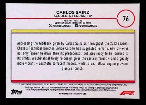 Carlos Sainz 2024 Topps Chrome Formula 1 #76 - Bild 2 von 2