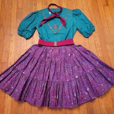 Malco Modes M Square Dance 5 Pc Teal Purple Southwestern Skirt Top Belt Hanky