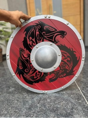 Wikinger Schild Fenrir roter Wolf 18 Zoll Holz nordisch LARP Cosplay Dekor