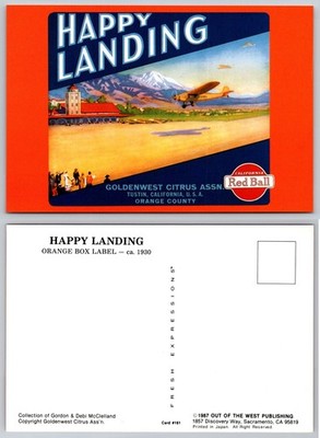 HAPPY LANDING Orange Crate Label Art Postcard Tustin California 1930s Plane