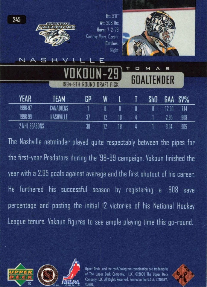 Tomas Vokoun 1999-00 Upper Deck #245 Nashville Predators Hockey - Image 2 of 2