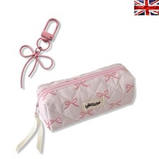 Chic Pink Bow Pencil Case for Girls - Portable Pouch with Keychain Accessories