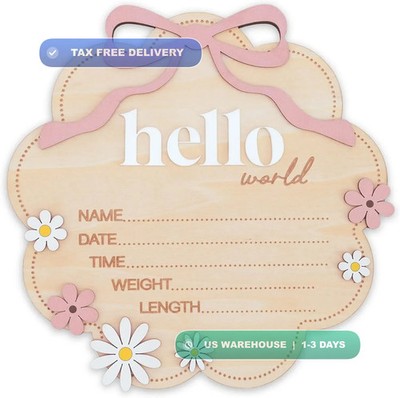 Hello World Wooden Baby Birth Announcement Sign with Pink Bow, Cloud Shape Flora