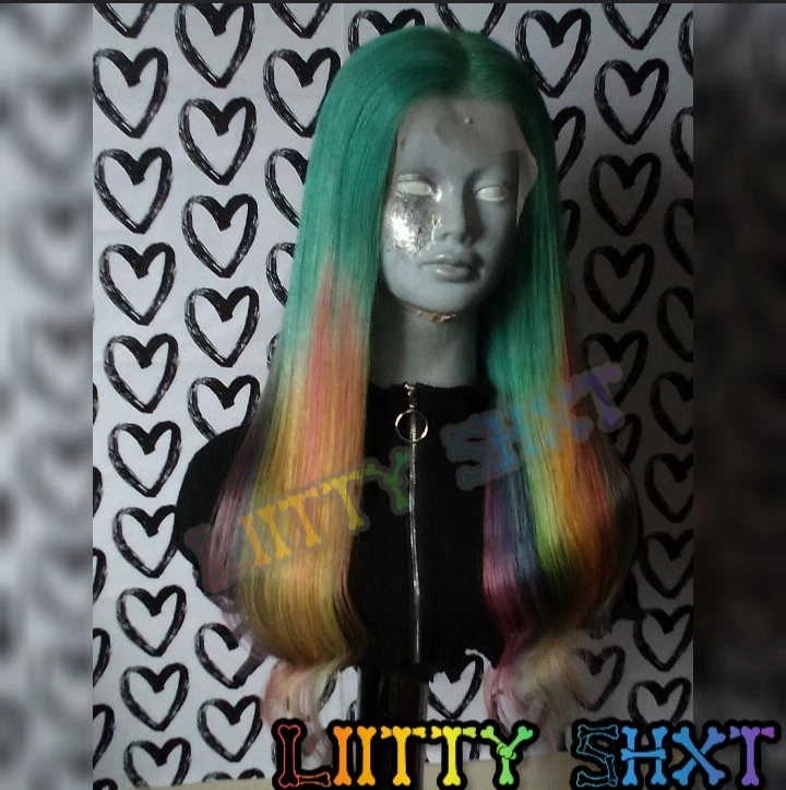 Peluca frontal de encaje 13x4 20 pulgadas 100 % cabello humano color personalizado (verde azulado arco iris fusión)🎨 Foto 2 de 4