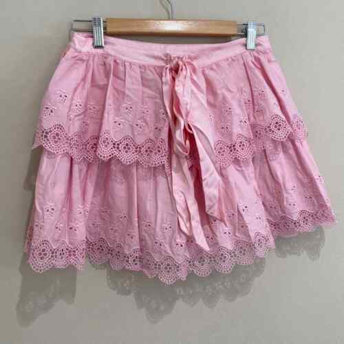 NEW Betsey Johnson Vintage Y2K Tiered Eyelet Lace Tie Back Mini Skirt Pink - Picture 2 of 13