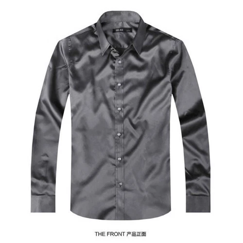 Camicia elegante uomo raso seta manica lunga slim business formale casual top classico - Foto 6 di 25