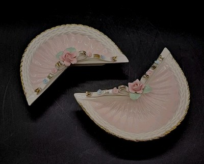 2pc 1950s Enesco Sculpted Porcelain Crimped Fan Pink Rose Ribbon Bow Pin Dishes