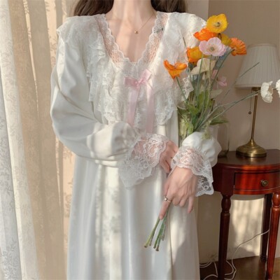 Women Thick Nightgown Dress Loose Ruffle Lace Trim Sleep Wear Nightdress  Classic | eBay