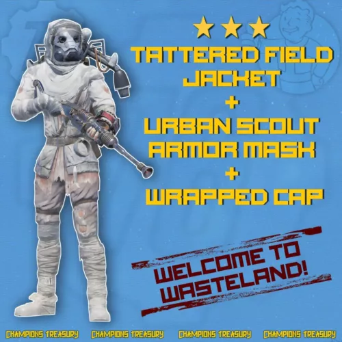 FALLOUT 76 PC TATTERED FIELD JACKET + URBAN SCOUT MASK + WRAPPED CAP RARE SET