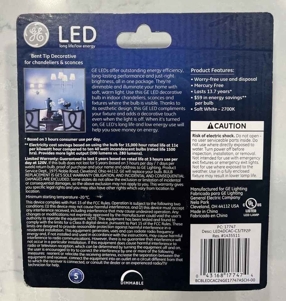 2 Pack GE LED 40w (4w) Decorative Clear Finish CAC Candelabra Base Soft White - Image 2 of 2