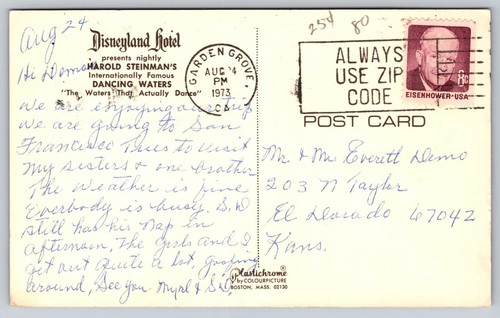 Postcard Dancing Waters Disneyland Hotel Harold Steinman's California - Picture 2 of 2