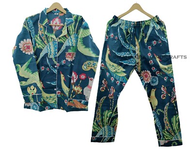 Indian 100% Cotton Peacock Print Blue hippie Sleepwear Women gypsy
