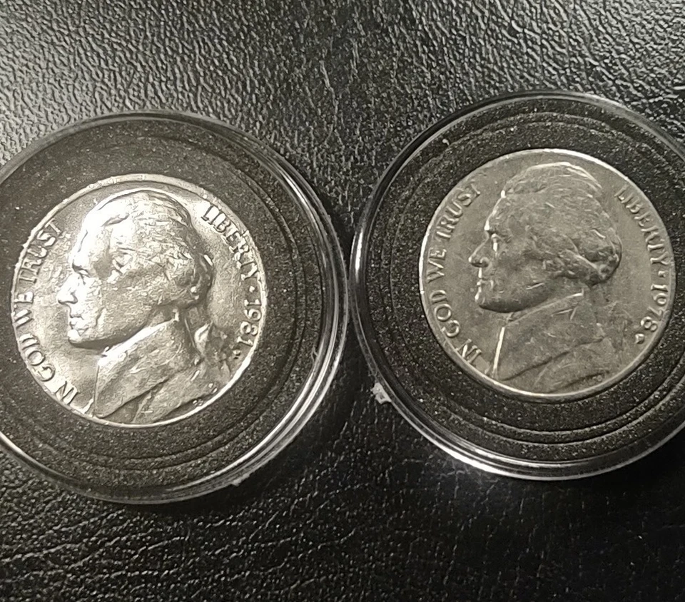 1981 P Jefferson níquel golpeado a través de error de grasa en la cara mejilla mandíbula Foto 4 de 4