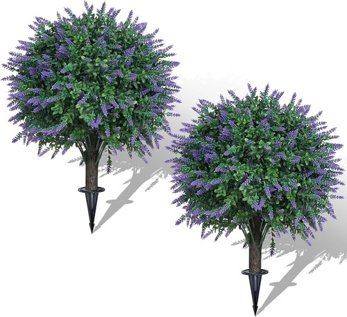 Set of 2 Artificial Lavender Boxwood Topiary Ball Bush for Outdoor