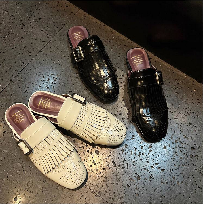 Women's Leather Brogue Tassels Mules Flats Round Toe Slippers